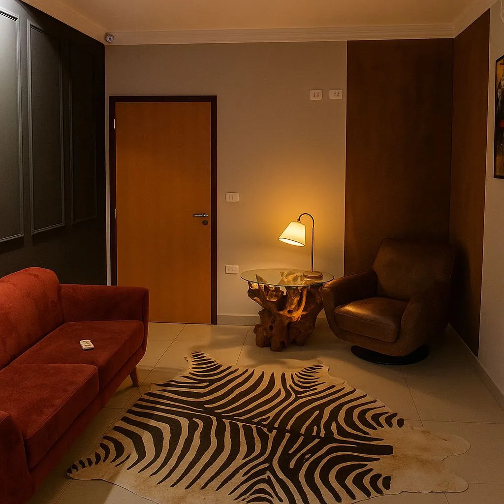Consultório com sofá terracota, poltrona de couro, abajur aceso e tapete de zebra