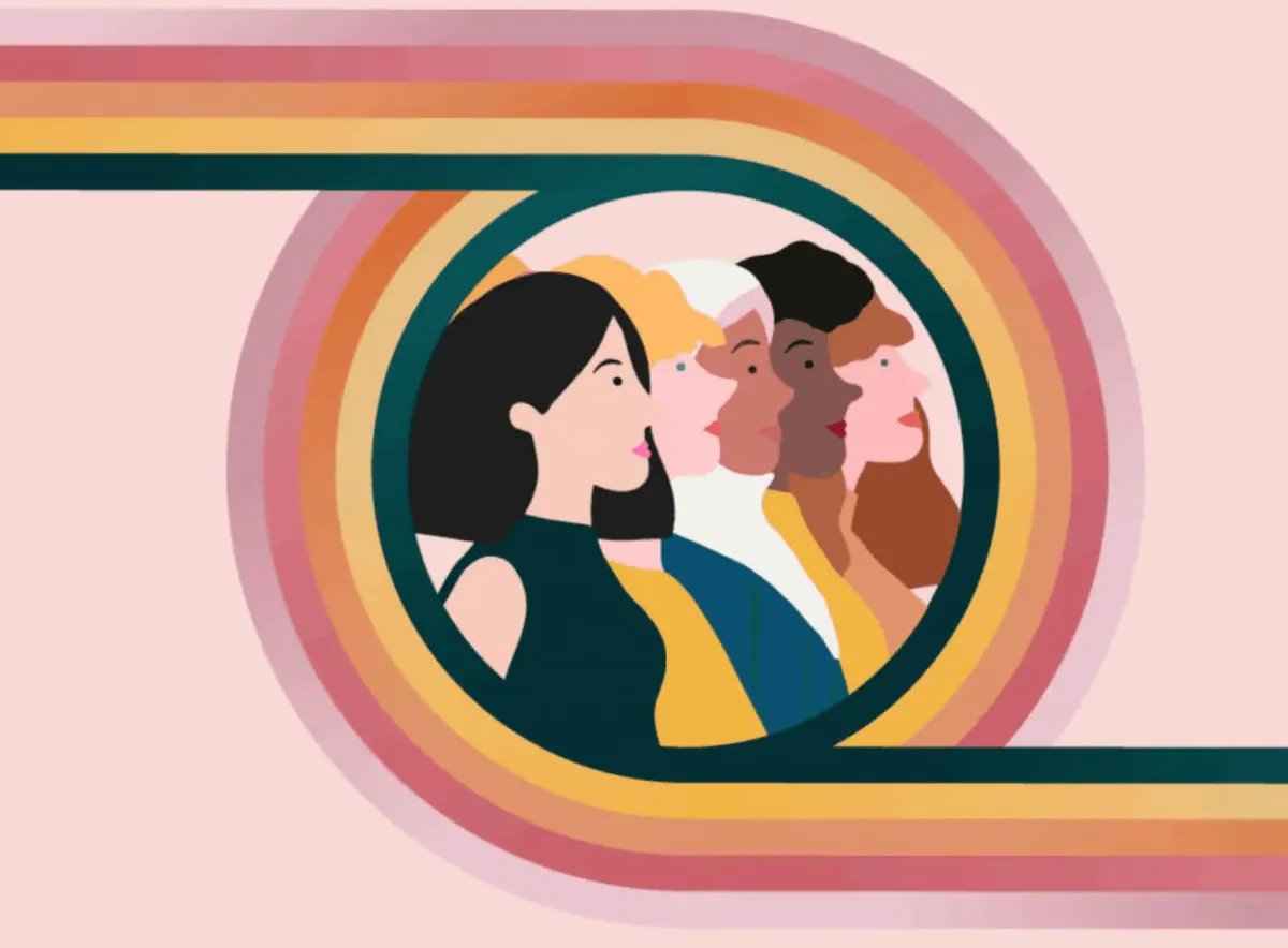 Ilustração de mulheres diversas lado a lado, emolduradas por faixas coloridas